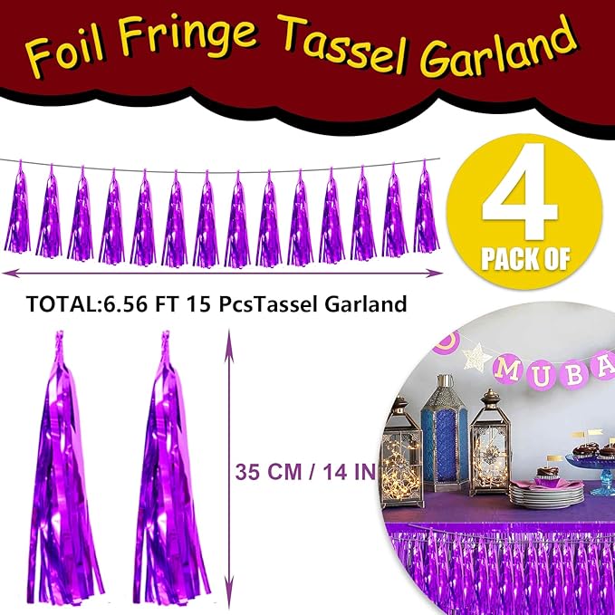 4P Purple Foil Fringe Tassel Banner Garland Metallic Tinsel Streamers Wall Hanging Curtain Backdrop Banner for Parade Floats, 2024 Graduation Decorations, Father's Day Party Decoration