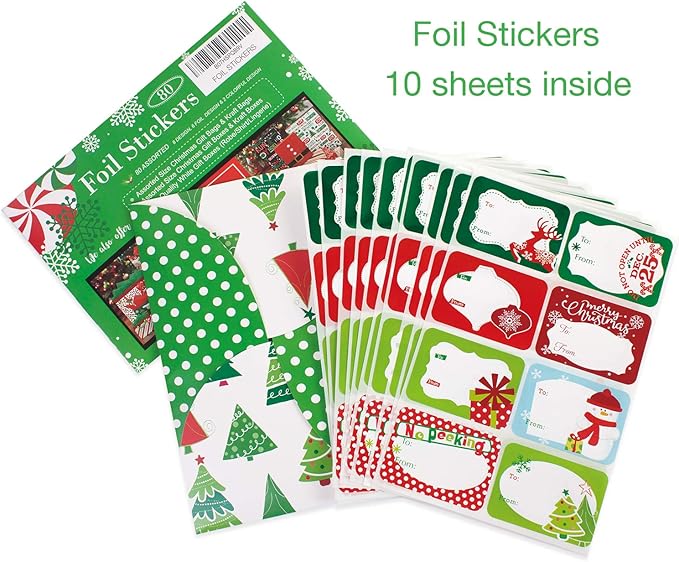 80-Count Foil Christmas Tags Sticker，8 Jumbo Designs - Xmas to from Christmas Sticker Name Tags Write On Labels - Holiday Present Labels