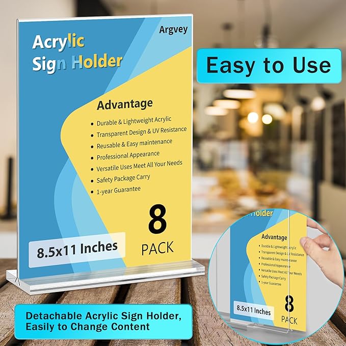 8 Pack Acrylic Sign Holder 8.5 x 11 Vertical, Clear T Shape Table Menu Display Stand, Multi-function Plastic Double-Sided Paper Picture Frames Flyer Document Holder for Displaying