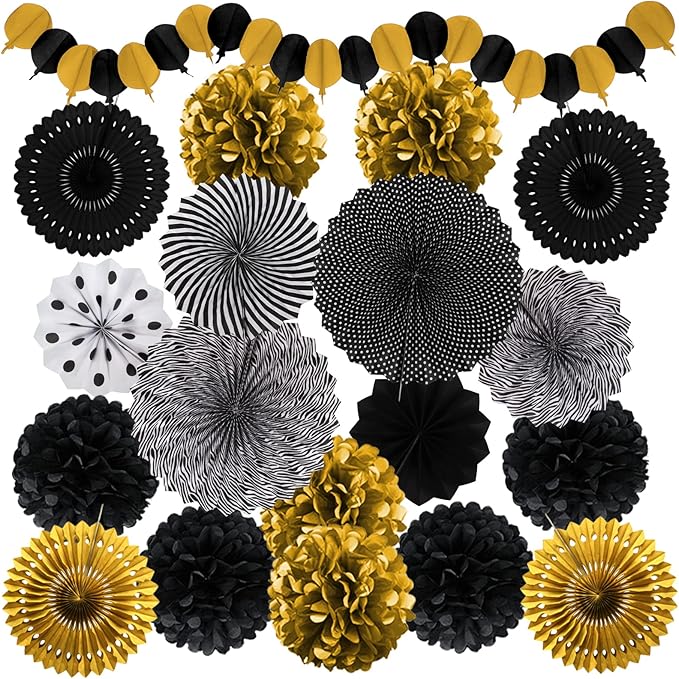 Black and Gold Decorations, Paper Pompoms Fan for Graduation Birthday Wedding Prom Night New Years Black and Gold Party Decorations
