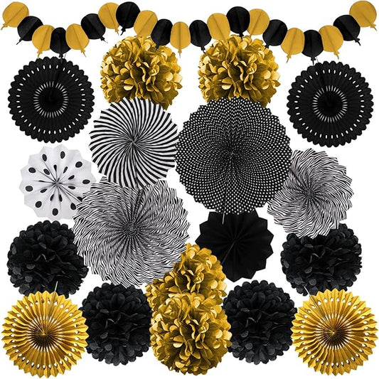 Black and Gold Decorations, Paper Pompoms Fan for Graduation Birthday Wedding Prom Night New Years Black and Gold Party Decorations