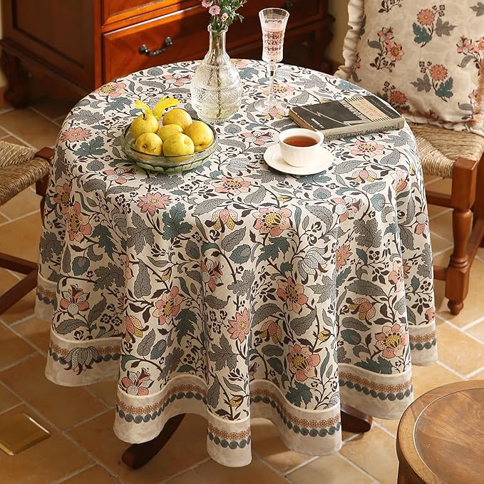 ISAENNE Designer Boho Floral Small Round Tablecloth,Linen Lotus Flower Pattern Colorful Table Cloth,Durable Decor Tablecloths for Dining Thanksgiving Kitchen Christmas,Diameter 55"-Hazel A