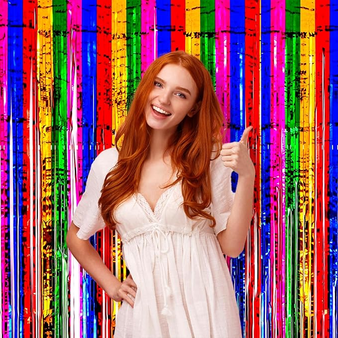 3 Pack 3.3x8.2 Feet Rainbow Foil Fringe Backdrop Curtains, Tinsel Streamers Birthday Party Decorations, Fringe Backdrop for Graduation, Baby Shower, Gender Reveal, Disco Party