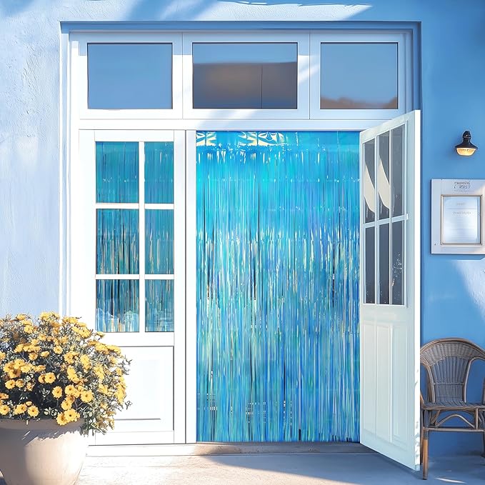 2 Pack Blue Iridescent Streamers Backdrop, 3.3x6.6ft Foil Fringe Curtains Holographic Door Tinsel Streamers for Birthday, Wedding, Holiday, Bachelorette, Christmas, Winter Theme Party Decorations