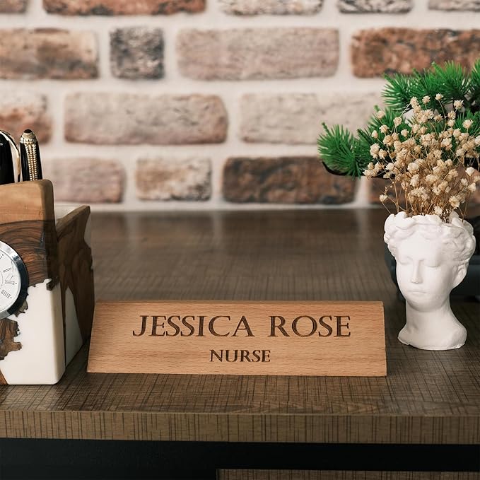 Custom Wooden Desk Name Plate – Personalized Engraved Name & Title Sign – Natural Wood Office Decor for Doctor, Teacher, Boss, Nurse, or Employee – Handmade Professional Desk Gift