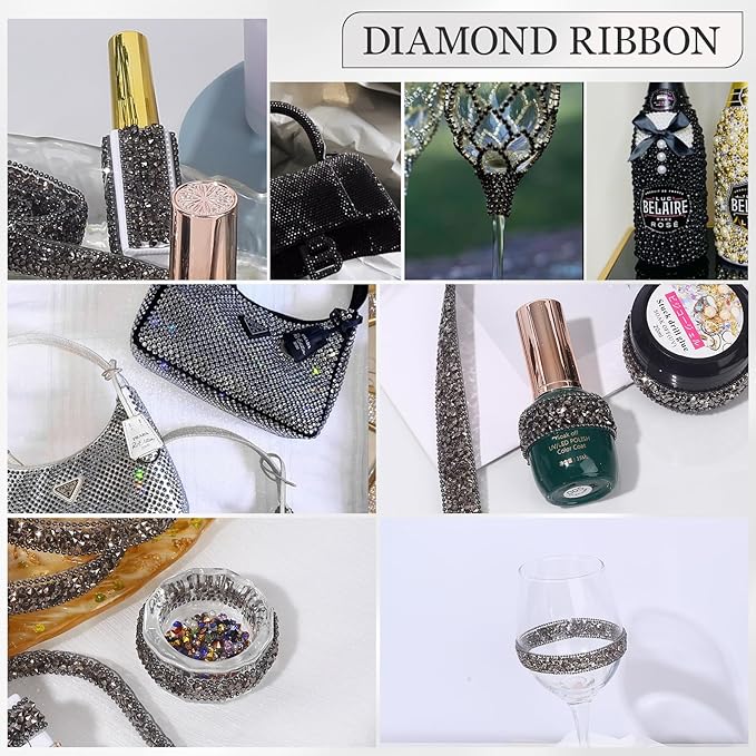 Rhinestone Ribbon 3 Yards Self Adhesive Rhinestone Strips Diamond Ribbon Sticker Crystal Roll Glitter Bling Rhinestones Tape for Crafting DIY Art Decoration (0.4 Inch)