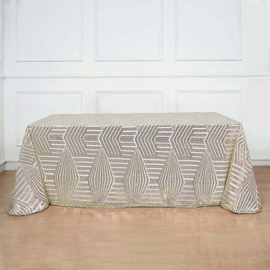 Efavormart 90"X132" Champagne Sparkly Sequin Geometric Tulle Rectangular Tablecloth