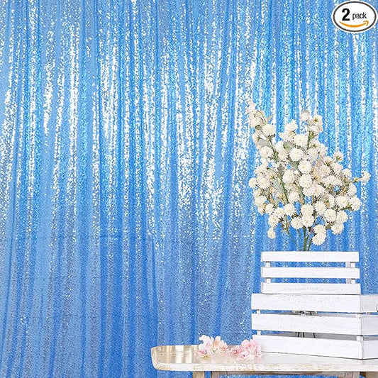 ShinyBeauty Baby Blue Sequin Backdrop Curtain | 2 Panels 5FTx10FT Glitter Wedding & Photography Background | Light Blue Shimmer Curtains for Elegant Events