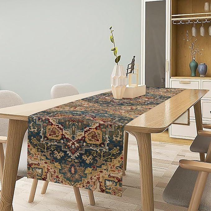 Boho Bohemia Style Table Runner, Country Rustic Farmhouse Vintahe Colorful Geometry Print Table Runner for Home Kitchen Dinner Party Holiday Decor, 13x60inch
