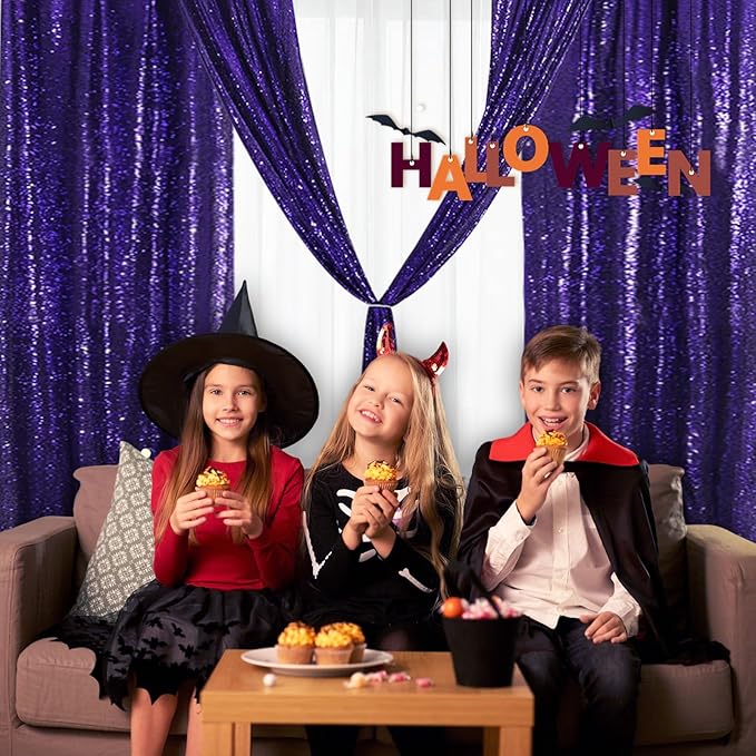 Eternal Beauty Purple Sequin Backdrop Curtains, Halloween Shimmer Back Drop 4Panels-2FTx8FT for Christmas, Party, Birthday, Photography, Wedding, Baby Shower Event Decoration