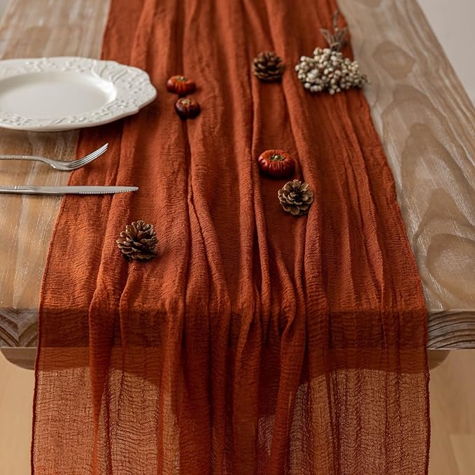 6pcs Fall Terracotta Table Runner Rust Gauze Rustic Cheesecloth 120 Inch 10 FT for Wedding Baby Shower Bridal Shower Birthday Engagement Garden Party Sheer Boho Thanksgiving Decorations