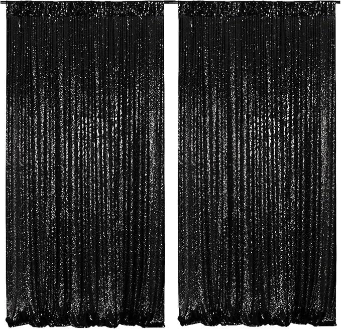 Poise3EHome Black Sequin Backdrop Curtain, 2 PCS 5FT x 10FT Sequin Backdrop Panels,Black Curtains for Photography Party Birthday Halloween Backdrop