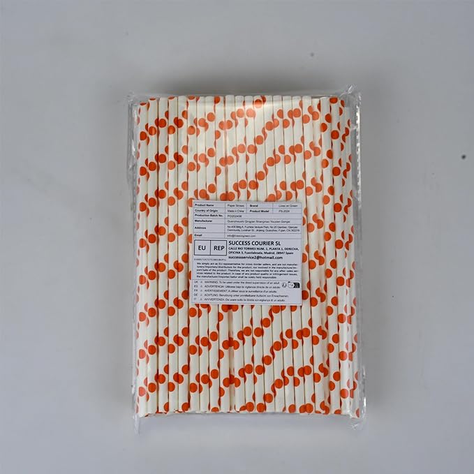 Orange Polka Dots Paper Drinking Straws 7.75 inch Disposable 100 Counts - for Drinks, Juice, Cocktail, Party, Bars, Restaurants