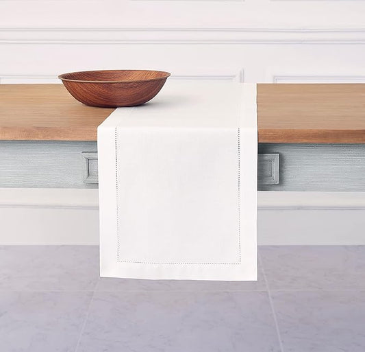Solino Home White Table Runner 36 Inches - Cotton Linen Hemstitch Coffee Table Runner 14 x 36 Inch Ideal for Dresser Tables - Fall, Autumn, Halloween, Thanksgiving, Christmas, Holiday