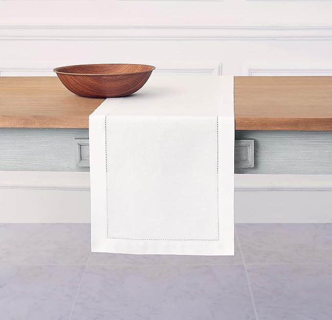 Solino Home White Table Runner 90 Inches Long - Cotton Linen Hemstitch 14 x 90 Inch Table Runner for Dining, Fall, Autumn, Halloween, Thanksgiving, Christmas, Holiday