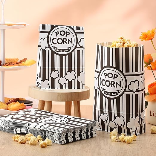 200 Pcs Paper Popcorn Bags Bulk 2 oz Large Flat Bottom Boxes Red and White Disposable Container Sleeve Movie Night Popcorn Bucket for Retro Movie Themed Party Carnival Supplies (Black and White)
