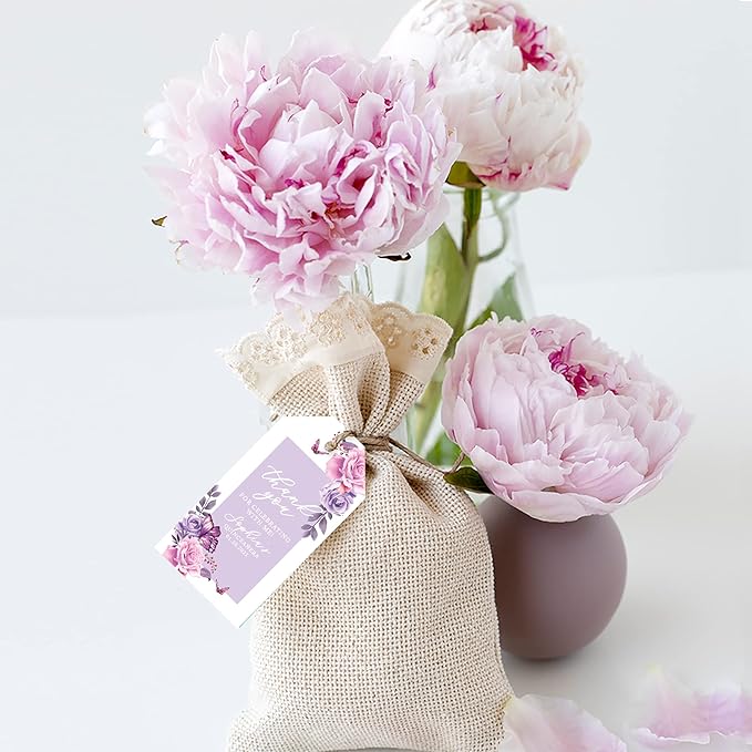 Andaz Press 40-Pack Personalized Quinceañera Favor Tags with String, Lilac Butterflies Custom Classic Thank You Gift Tags for Quince Años XV 15th Birthday Favor Gifts Quinceanera Decorations