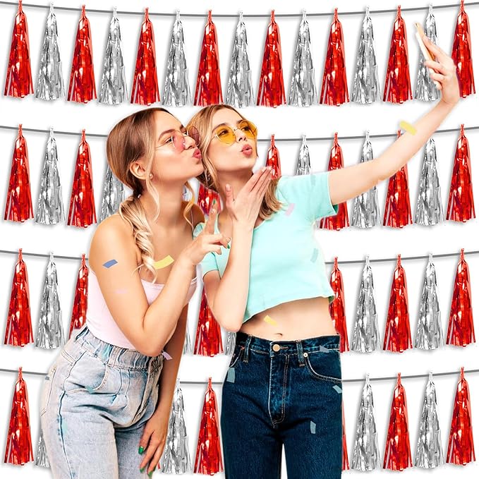 4P Red Silver Foil Fringe Tassel Banner Garland Metallic Tinsel Streamers Wall Hanging Curtain Backdrop Banner for Parade Floats, 2024 Graduation Decorations, Father's Day, Wedding Party Decoration