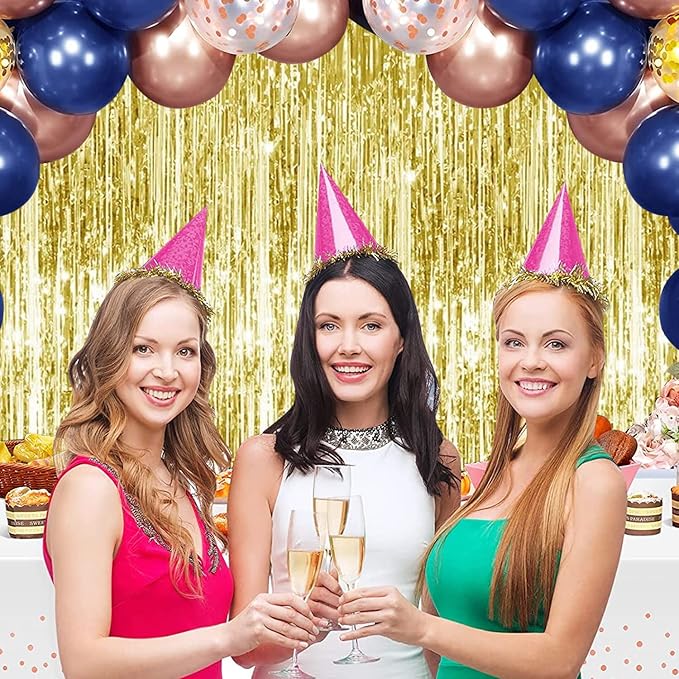 TONIFUL 2Pcs Gold Metallic Tinsel Foil Fringe Curtains,Gold Photo Booth Backdrop Streamer Curtain Photo Booth Props for Bachelorette Party,Birthday,Graduation,Christmas Decor(6.6ft x 9.9ft)