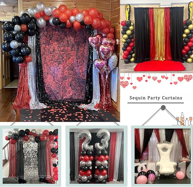 Sequin Backdrop Curtain 4 Panels 2FTx8FT Glitter Background Drapes Black and Red Sparkle Photography Backdrop for Party Wedding Birthday Wall Decoration