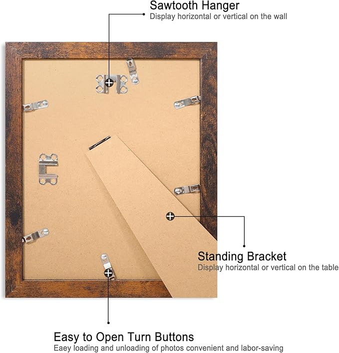 8x10 Picture Frame Set of 4, High Definition Glass 8 x 10 Frame, Wood Rustic Photo Frames for Horizontal or Vertical Display Tabletop and Wall Mounting