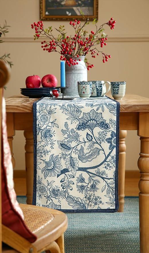 ISAENNE Designer Chinoiserie Elegant Linen Extra Long Table Runner 118 Inches,Blue Floral Pattern Decor Table Runners for Thanksgiving,Dining Room,Banquet,Kitchen Tables,Christmas,12"*118"-Ruyi B