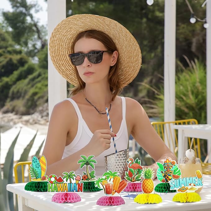 12Pcs Summer Honeycomb Hawaii Table Centerpieces Luau Aloha Table Toppers Tiki Honeycomb Centerpieces Tropical Flamingo Table Decorations for Beach Pool Luau Birthday Wedding Party