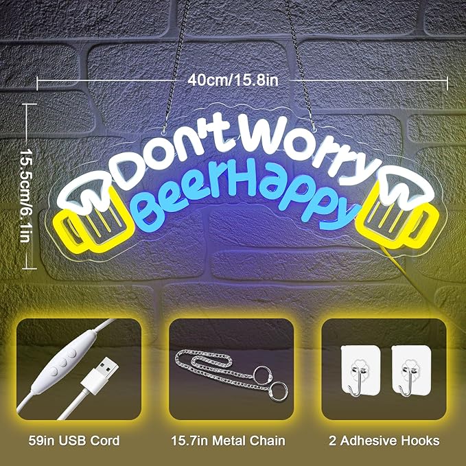 Don't Worry Beer Happy Neon Sign,Bar Sign,Beer Neon Sign,USB Powered with Dimmable Switch,Neon Signs for Wall Decor for Bar,Club,Party,Neon Signs for Man Cave