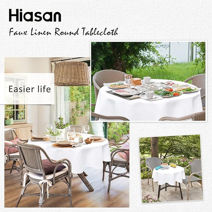 Hiasan Round Linen Tablecloth 108 Inch - Wrinkle and Stain Resistant Washable Polyester Fabric Table Cloth for Dining Room Kitchen Party, White