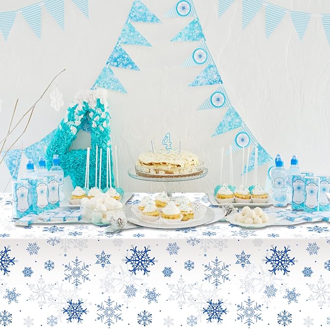 8 Pieces Snowflake Christmas Party Tablecloth Decorations,Plastic White Snowflake White Blue Xmas Backdrop Sign Table Cover Banner for Winter Christmas Holiday Party Supplies,54x108 inch（White/Blue）