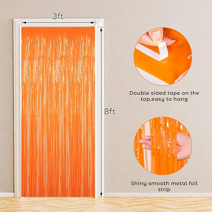 BTSD-home Orange Foil Fringe Curtain, Metallic Photo Booth Backdrop Tinsel Door Curtains for Wedding Birthday Bridal Shower Baby Shower Bachelorette Christmas Party Decorations(4 Pack, 8ft x 3ft)