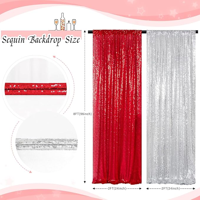 ShinyBeauty 4 Panels Sequin Photo Backdrop 2FTx8FT Red & Silver Curtains Sparkle Background for Birthday, Wedding, Party, Christmas Decorations