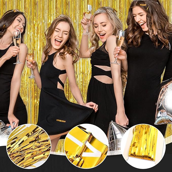 24 Pack Gold Metallic Foil Fringe Curtains, 3.2ft x 8.2ft Foil Fringe Curtain Backdrop Foil Streamers Party Supplies Tinsel Curtain Backdrop for Parties/Birthday/Halloween/Photo Booth