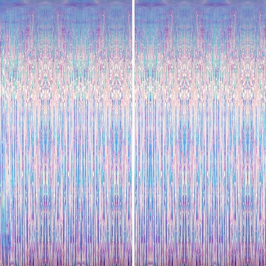 GOER 6.4 ft x 6.5 ft Metallic Tinsel Foil Fringe Curtains,Pack of 2 Party Streamer Backdrop for Mermaid Birthday Party Decorations(Neon Blue)