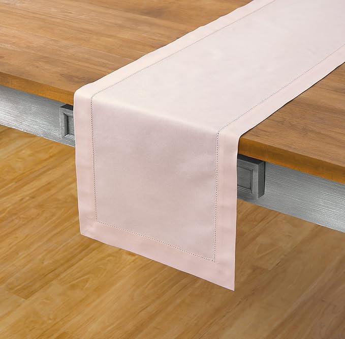 Solino Home Cotton Linen Pink Table Runner 72 Inches Long - Hemstitch Table Runner 14 x 72 Inch for Dresser, Dining, Fall, Autumn, Halloween, Thanksgiving, Christmas
