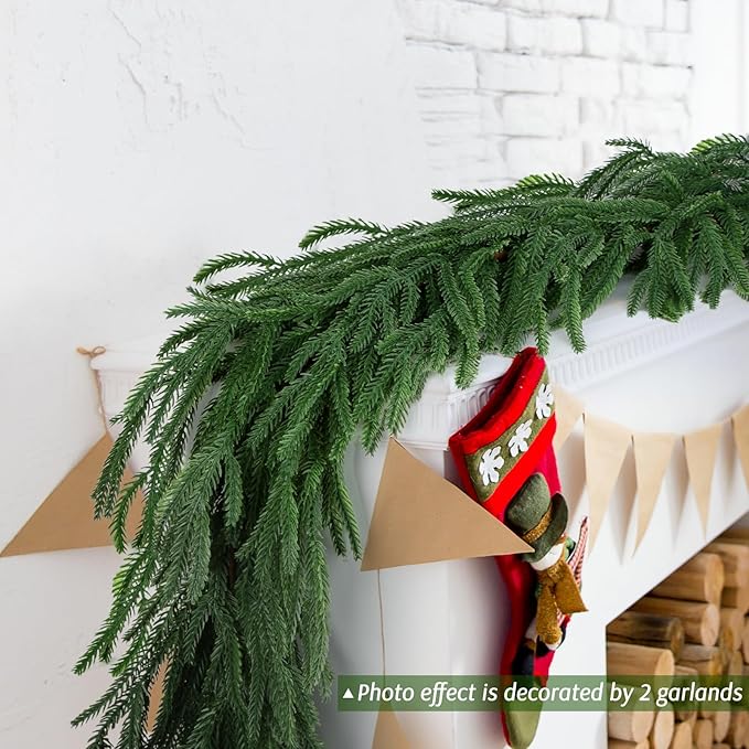 12 FT (2 * 6FT) Norfolk Pine Garland Artificial, Realistic Christmas Greenery for Mantle Table Wall, Real Touch Winter Pine Garland for Christmas Indoor Outdoor Decor (80 Branches)