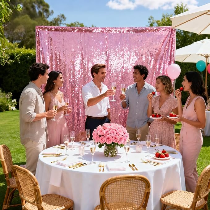 VOK Pink Sequin Backdrop Curtains 2 Panels 2FTx8FT Glitter Photography Background for Wedding Birthday Christmas Party Decorations