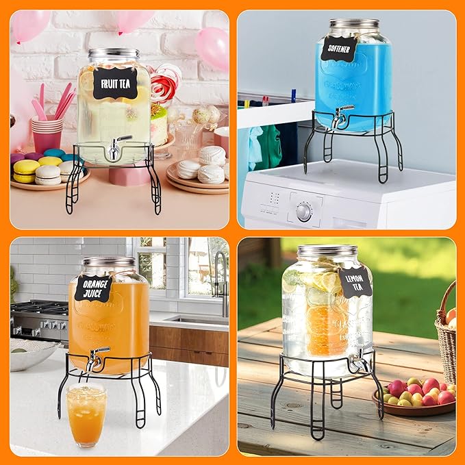 2 Gallon Glass Drink Dispenser for Parties, Beverage Dispenser with Stand, Lemonade Dispenser with 18/8 Stainless Steel Spigot, Leakproof for Sun Tea, Juice, Picnic, BBQ & Bars