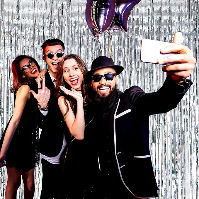 4 Pack Silver Foil Fringe Curtain Backdrop, 3.28Ft x 8.2Ft Metallic Tinsel Foil Fringe Streamer Curtains for Photo Booth Props, Birthday, Wedding, New Year’s, Christmas Decoration Party Supplies