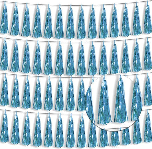 4P Light Blue Foil Fringe Tassel Banner Garland Metallic Tinsel Streamers Wall Hanging Curtain Backdrop Banner for Parade Floats, 2024 Graduation Decorations, Wedding Party Decoration