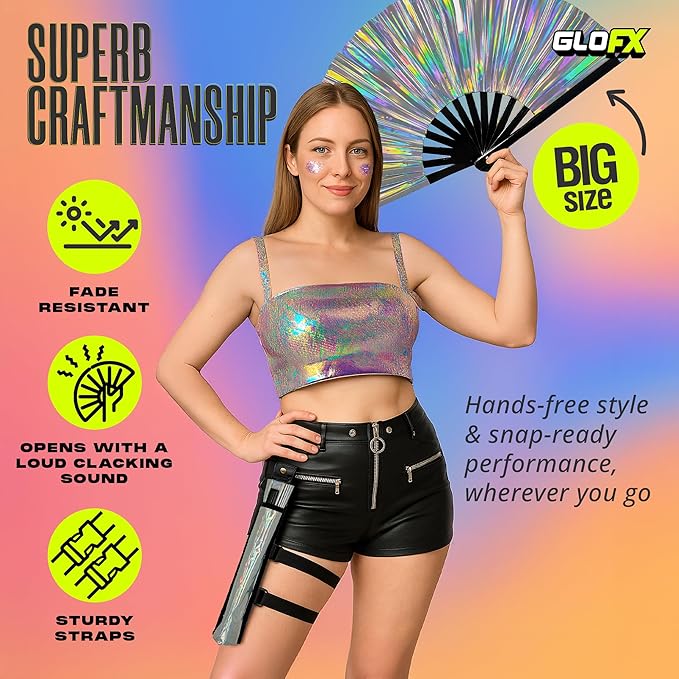 Holographic Folding Fan with Holster – Large Handheld Fan for Line Dancing, Festivals, Pride, and Costumes – Loud Bamboo Fan with Matching Belt Holster