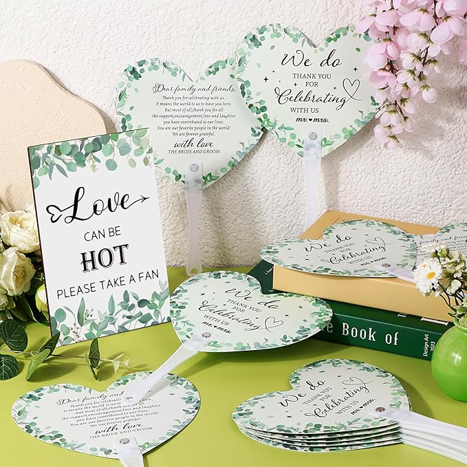 60Pcs Wedding Fan Gifts for Guests Greenery Handheld Fan with 1 Wedding Table Sign, Greenery Wedding Favors Thank You Fans for Guests Hostess Gifts Plastic Handheld Heart Shape Fan Green Leaf Pattern