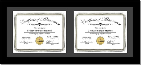 Creative Picture Frames 10X24Bk-B Black Horizontal Double Diploma Frame With 2 Opening Black Mat, Holds 2-8.5 By 11-Inch Documents With Wall Hanger