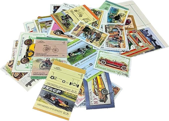 IMPACTO COLECCIONABLES – 100 Car-Themed Stamps Collection with Included Album (5.5 x 7 x 0.4 in) | Enhance your philatelic collection with authentic postmarked stamps in a compact and elegant album