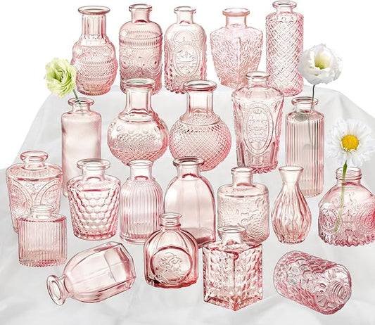 Pink Glass Bud Vase Set of 22, Small Vases for Flowers, Clear Glass Vases for Centerpieces, Mini Bud Vases in Bulk Rustic Wedding Decorations, Centerpieces, Vintage Look Home Table Flower Decor