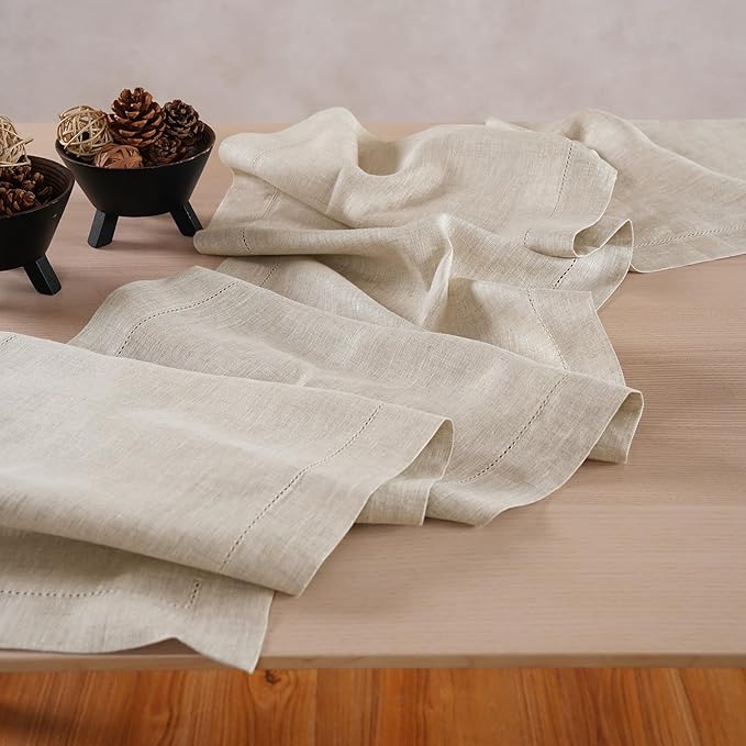 Linen Light Natural Table Runner 36 Inches - 100% Pure Linen Cloth Fabric Hemstitch Table Runner 14 x 36 Inch for Dining, Dresser, Thanksgiving, Fall Christmas - Lino