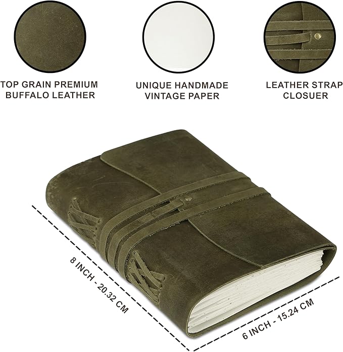 Handmade Leather Journal 7x5 Inch | Green Vintage Notebook with Unlined Pages | Cotton Recycled Paper | Antique Travel Diary, Sketchbook, Writing Journal for Men & Women