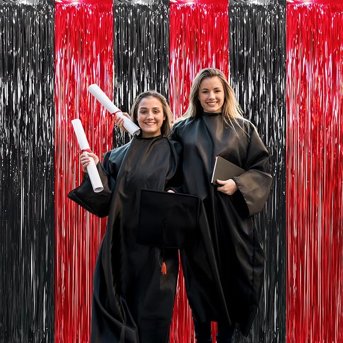 GOER 6.4 ft x 8.2 ft Metallic Tinsel Foil Fringe Curtains,Pack of 2 Party Streamer Backdrop for Birthday,Graduation Decorations and New Year Eve (Black&Red)