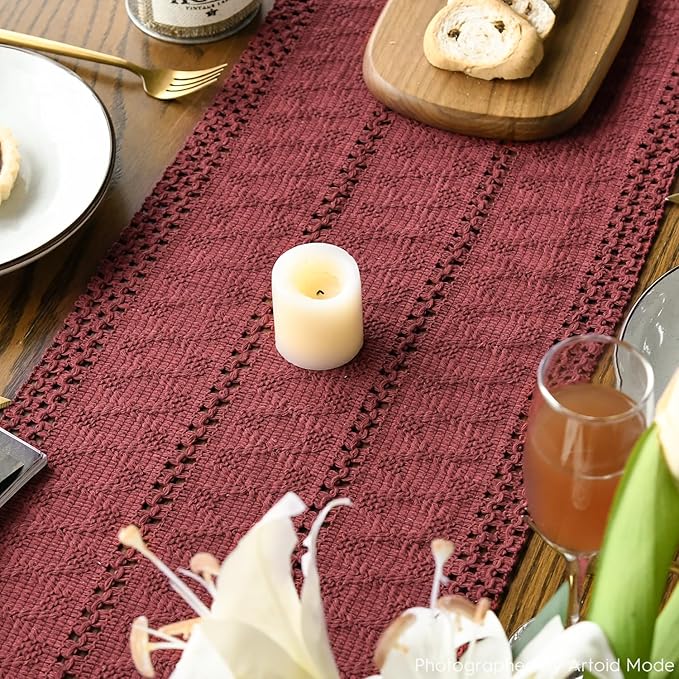 Artoid Mode Red Farmhouse Woven Rustic Hollow Table Runner, Seasonal Holiday Hollow Kitchen Dining Table Decoration for Home Party Decor 12x90 Inch
