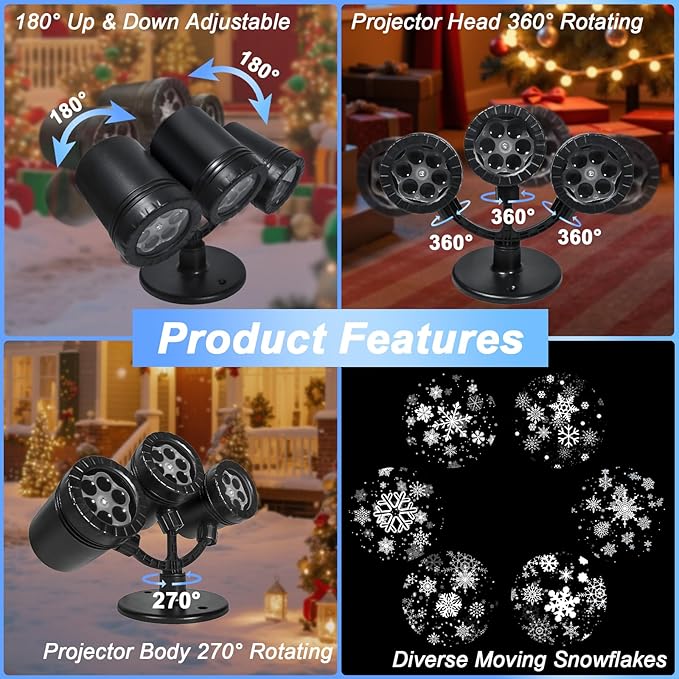 Christmas Snowflake Projector Lights Outdoor, Timing Mode Upgrade 3-Head Snowflake Projector, Waterproof Landscape Lighting Projection Lamp for Xmas Holiday Party Yard Garden Wedding